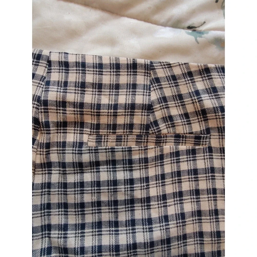 Reformation Vida Linen Low Rise Pant Beacon Check Plaid Navy Cream 6 NEW